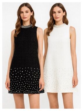 Tweed Pearl Embellished Shift Dress Small